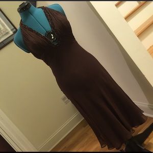 Long brown beaded evening gown